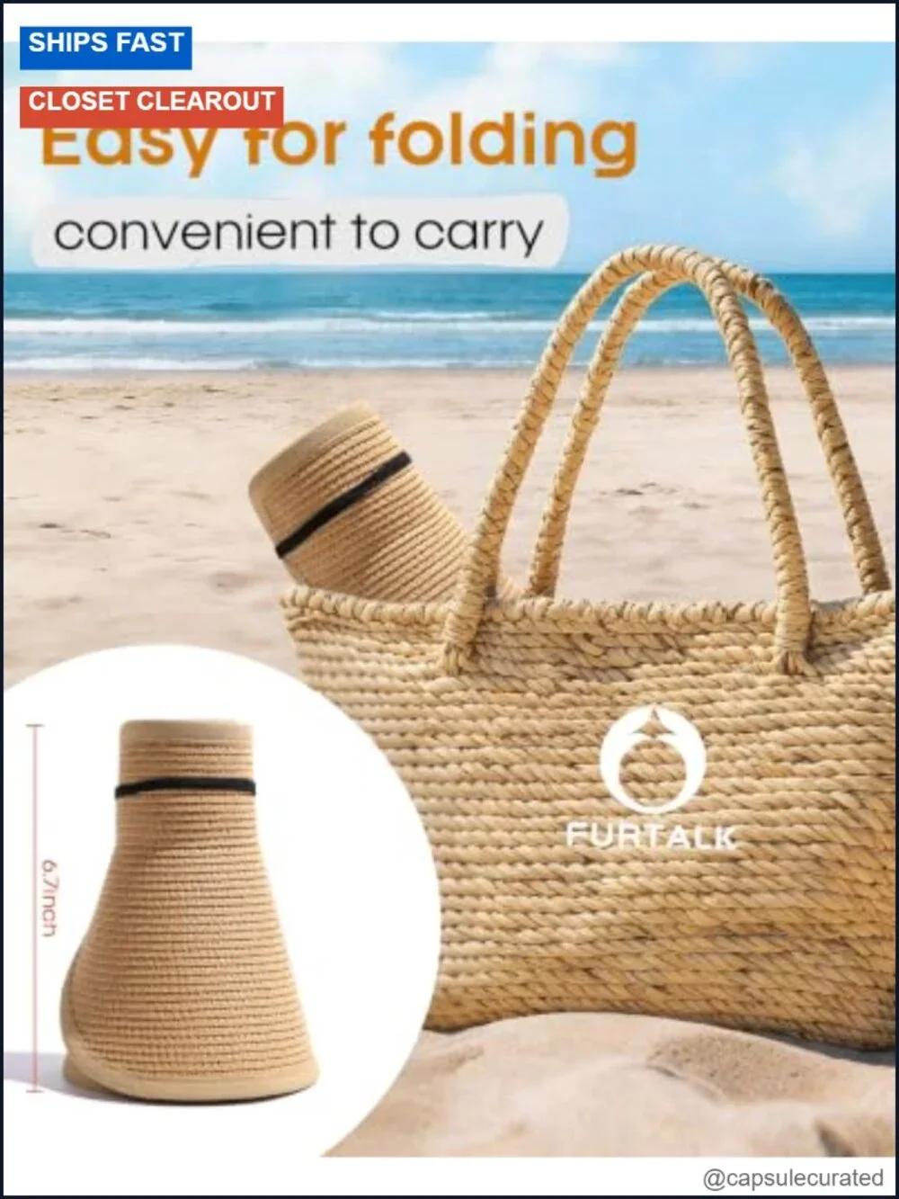 Wide Brim Straw Sun Hat Ponytail Open Top Foldable Beach UV Protection